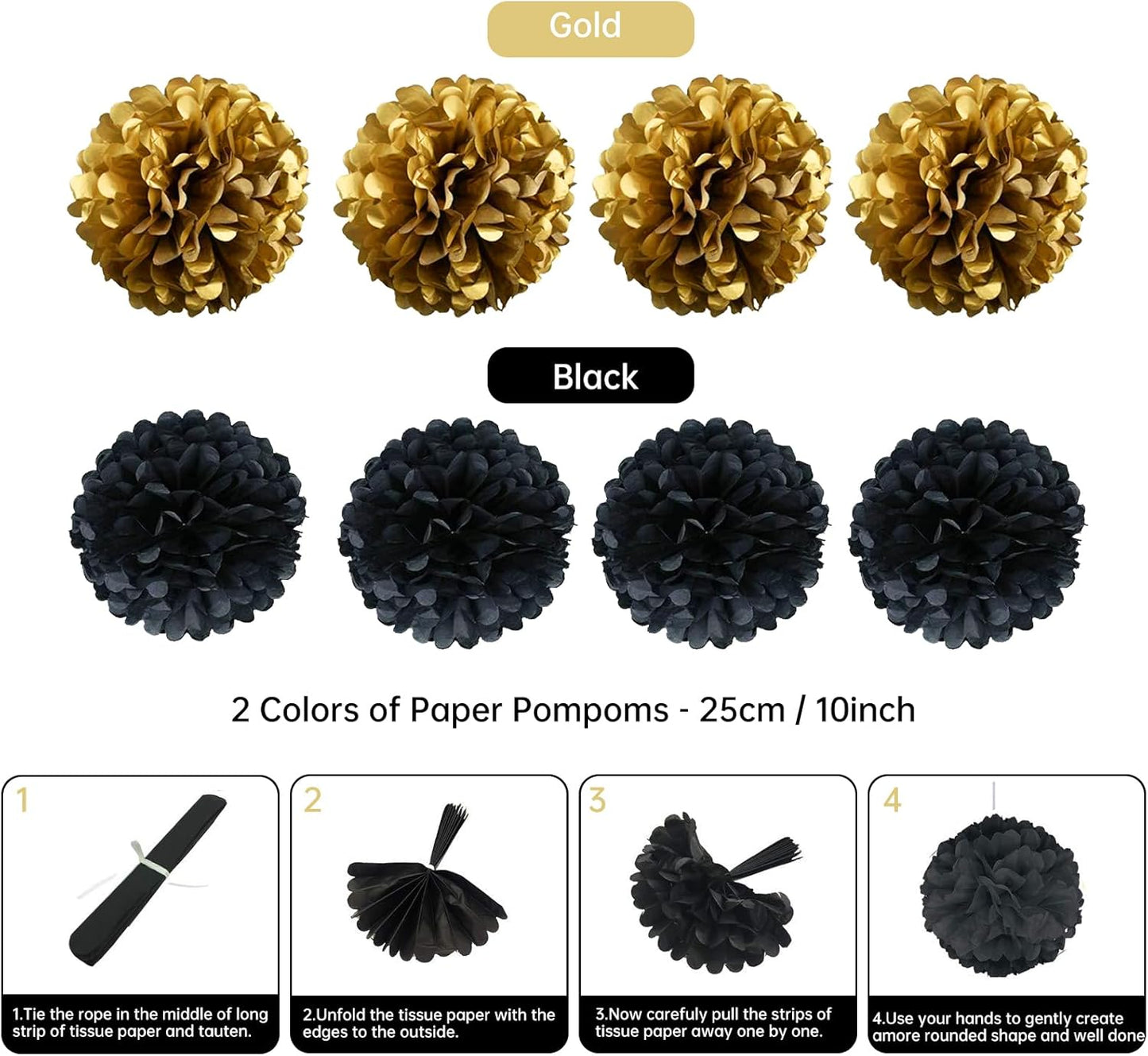 Set Abanicos/Pompones Negro y Dorado (23 piezas)