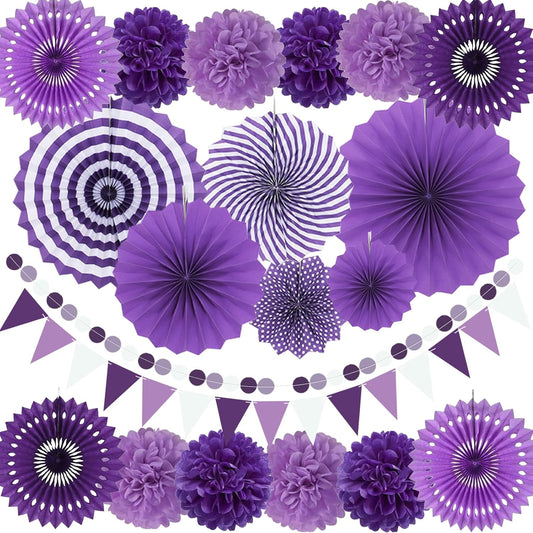 Set Abanicos/Pompones Morados (21 piezas) 💜