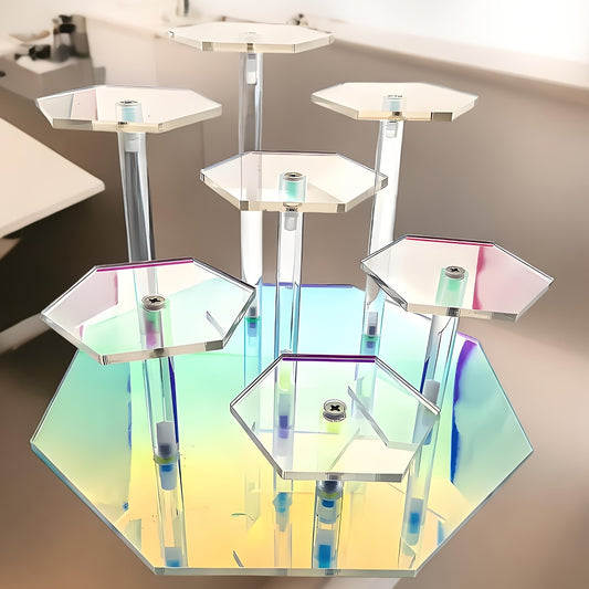 Display stand colorido de 7 niveles en acrílico transparente para coleccionables, disponible en SakuPop RD.