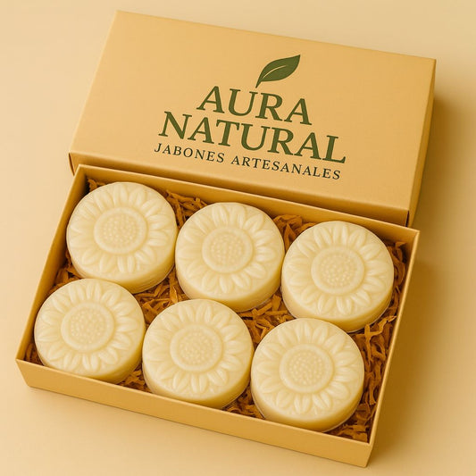 Jabón artesanal de arroz con vitamina E Aura Natural disponible en packs de 1, 3, 6 y 12 unidades en SakuPop RD.