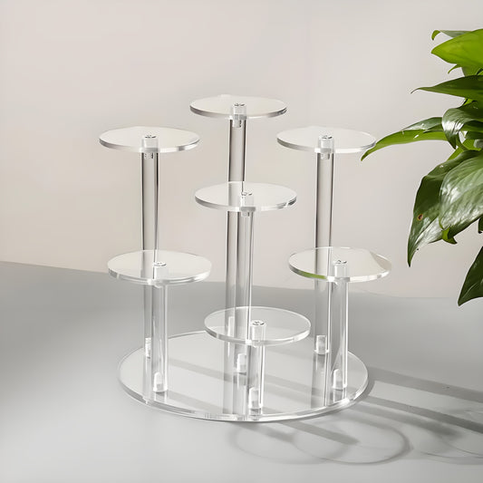 Display rack circular de 7 niveles en acrílico transparente para figuras, joyería y coleccionables, disponible en SakuPop RD.