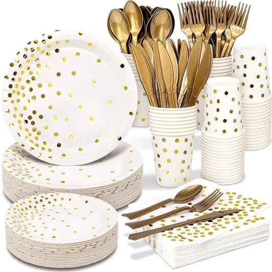 ⚪🟡 Set de Fiesta Desechable – Blanco con Puntos Dorados