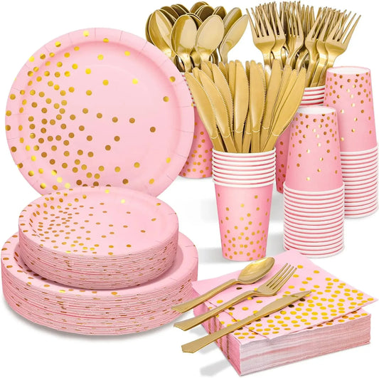 🩷💛Set de Fiesta Desechable – Rosa con Puntos Dorados
