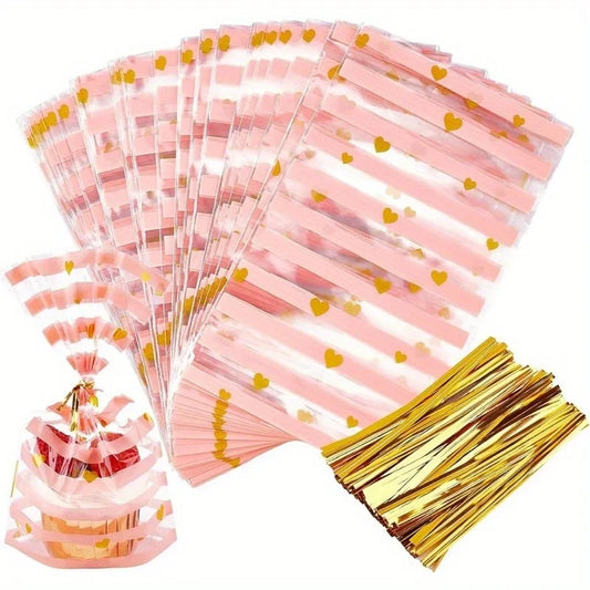 Set de 100 Bolsas Transparentes con Diseño de Rayas Rosadas y Corazones Dorados