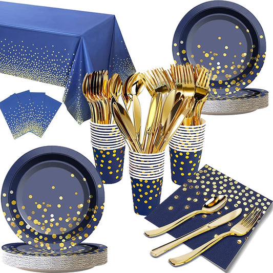 🔵🟡 Set de Fiesta Desechable – Azul con Puntos Dorados