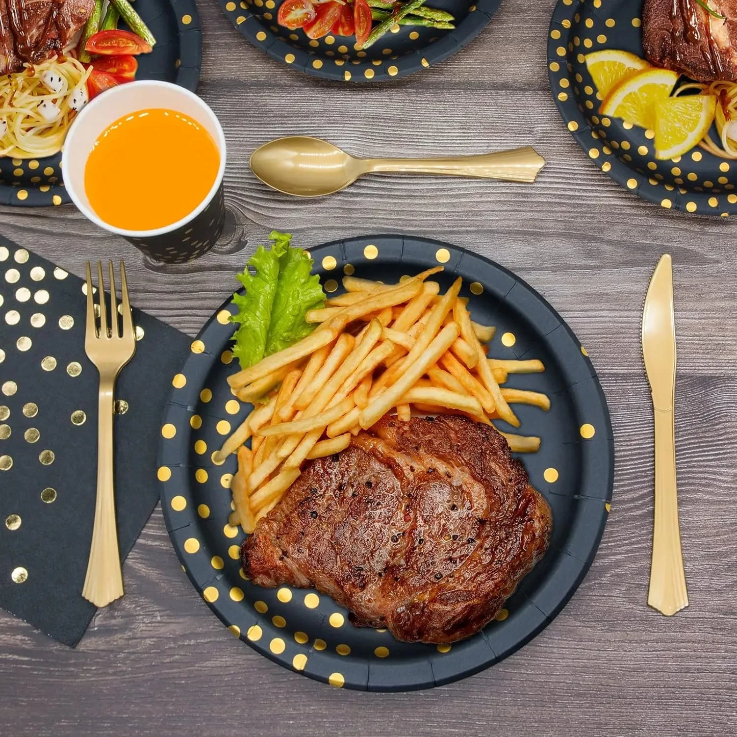 ⚫🟡 Set de Fiesta Desechable – Negro con Puntos Dorados