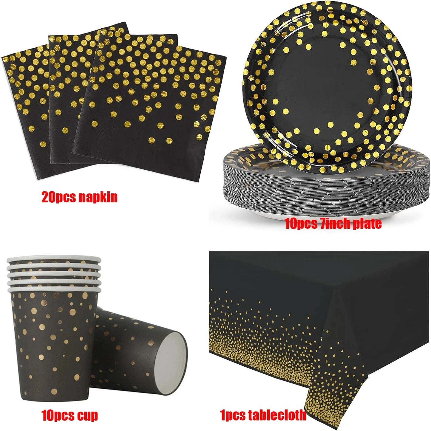 ⚫🟡 Set de Fiesta Desechable – Negro con Puntos Dorados