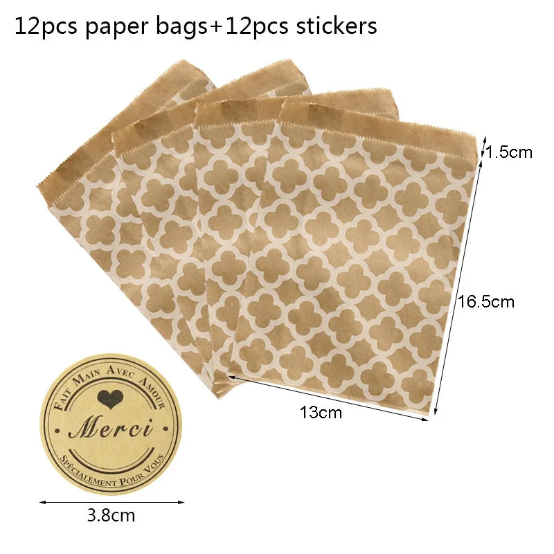 12 Bolsas de Papel Kraft con Stickers "Thank You" / "Merci"