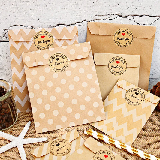 12 Bolsas de Papel Kraft con Stickers "Thank You" / "Merci"