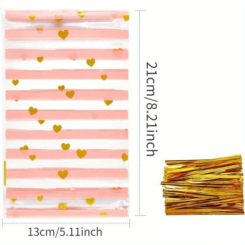 Set de 100 Bolsas Transparentes con Diseño de Rayas Rosadas y Corazones Dorados