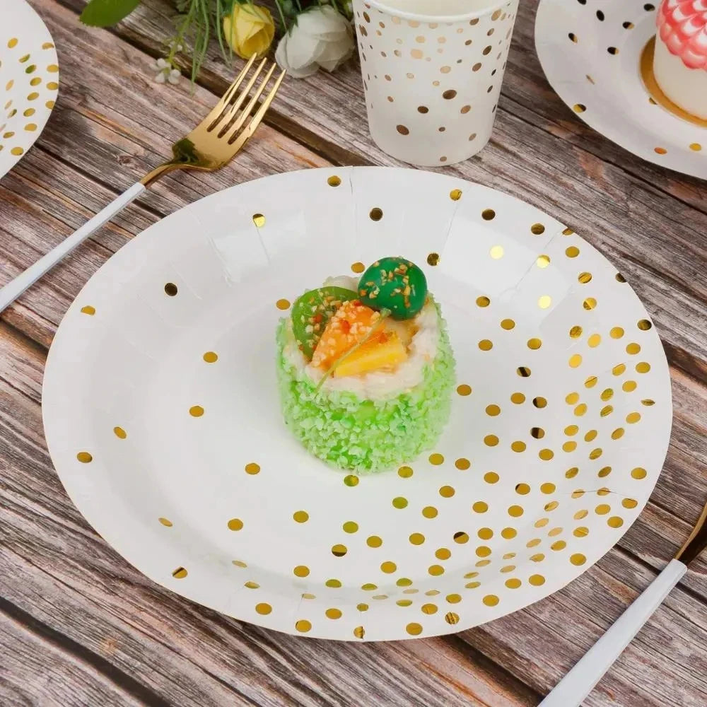 ⚪🟡 Set de Fiesta Desechable – Blanco con Puntos Dorados