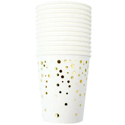 ⚪🟡 Set de Fiesta Desechable – Blanco con Puntos Dorados