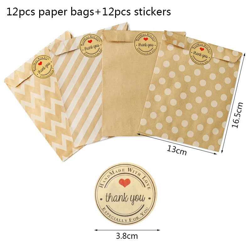 12 Bolsas de Papel Kraft con Stickers "Thank You" / "Merci"