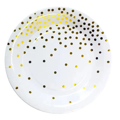⚪🟡 Set de Fiesta Desechable – Blanco con Puntos Dorados