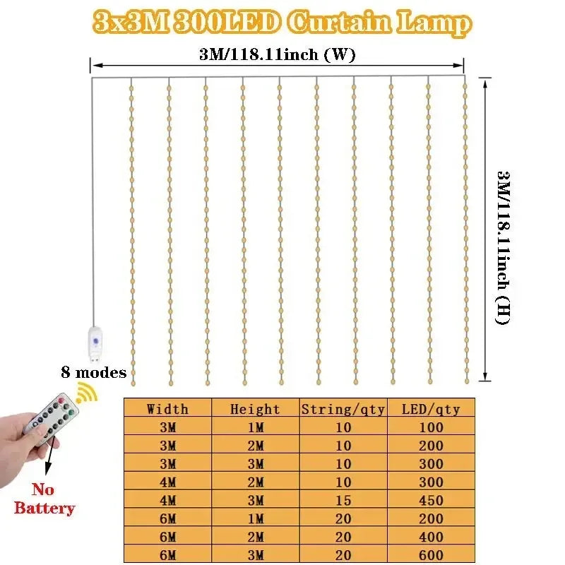 Cortina de luces LED de 600 bombillas