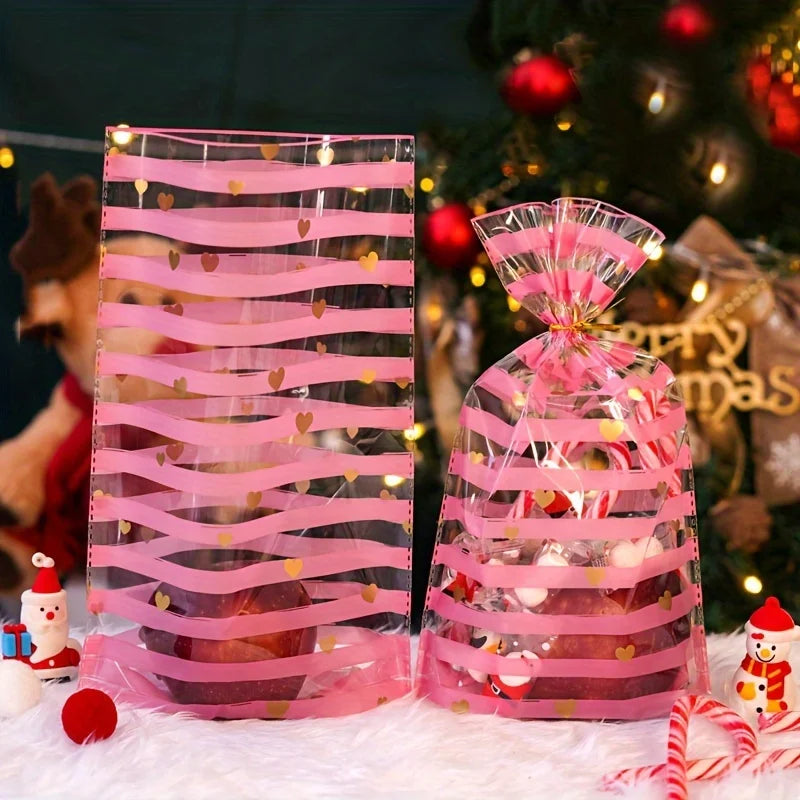 Set de 100 Bolsas Transparentes con Diseño de Rayas Rosadas y Corazones Dorados