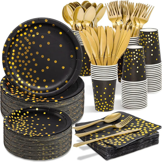 ⚫🟡 Set de Fiesta Desechable – Negro con Puntos Dorados