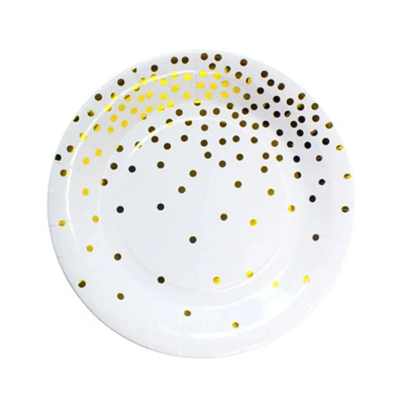 ⚪🟡 Set de Fiesta Desechable – Blanco con Puntos Dorados