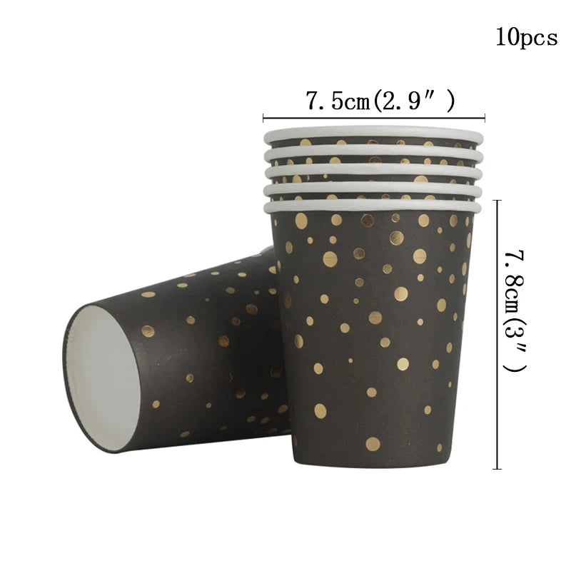 ⚫🟡 Set de Fiesta Desechable – Negro con Puntos Dorados
