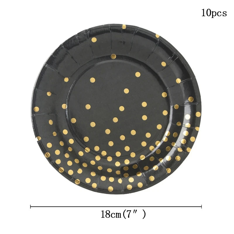 ⚫🟡 Set de Fiesta Desechable – Negro con Puntos Dorados
