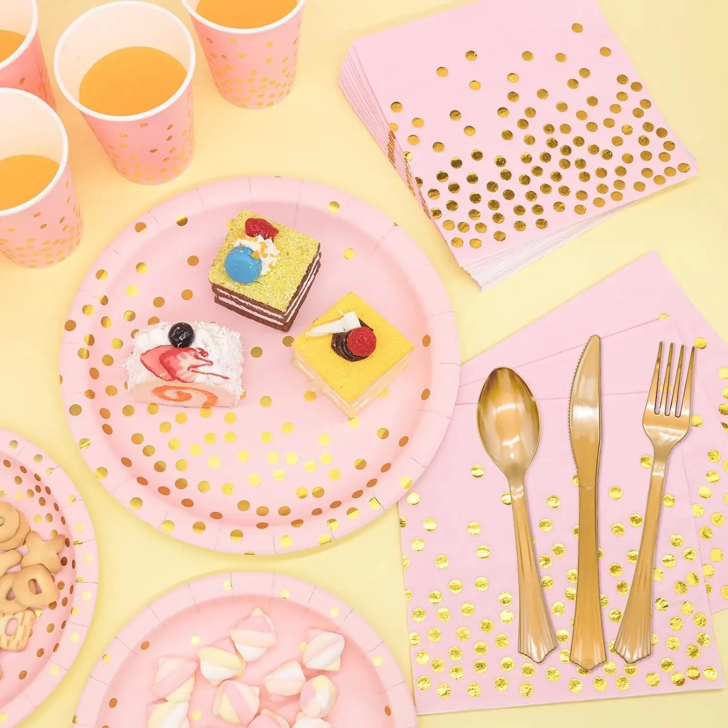 🩷💛Set de Fiesta Desechable – Rosa con Puntos Dorados