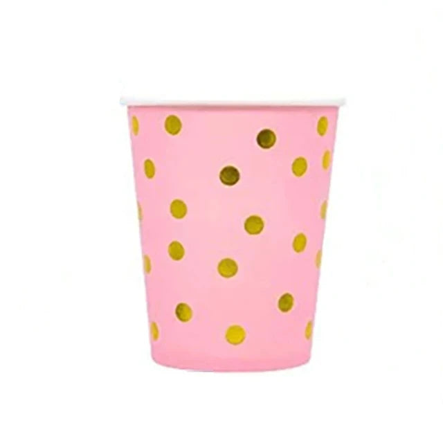 🩷💛Set de Fiesta Desechable – Rosa con Puntos Dorados