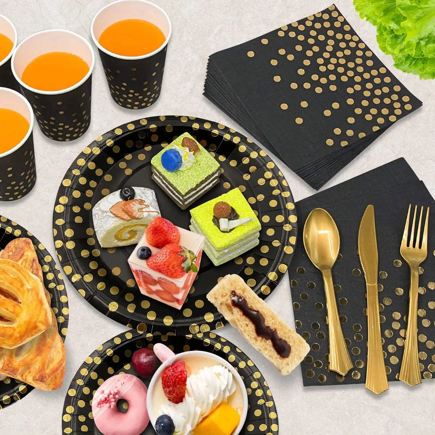 ⚫🟡 Set de Fiesta Desechable – Negro con Puntos Dorados