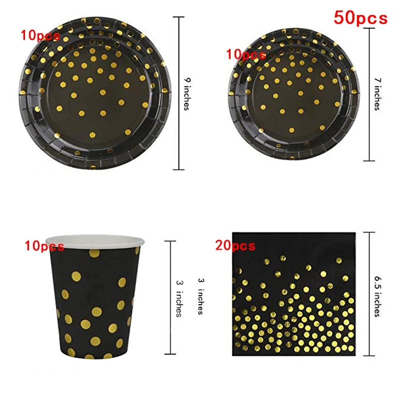 ⚫🟡 Set de Fiesta Desechable – Negro con Puntos Dorados