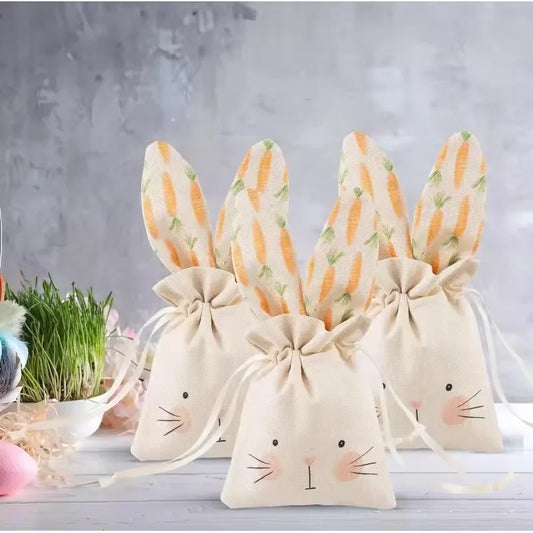 Set de 6 Bolsas de Yute Beige con Diseño de Conejito