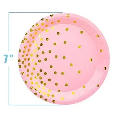🩷💛Set de Fiesta Desechable – Rosa con Puntos Dorados