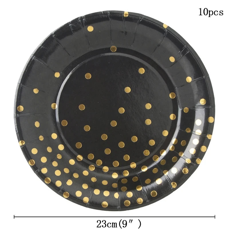 ⚫🟡 Set de Fiesta Desechable – Negro con Puntos Dorados