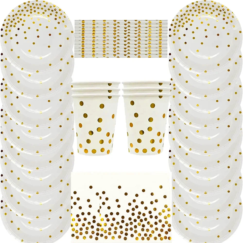 ⚪🟡 Set de Fiesta Desechable – Blanco con Puntos Dorados