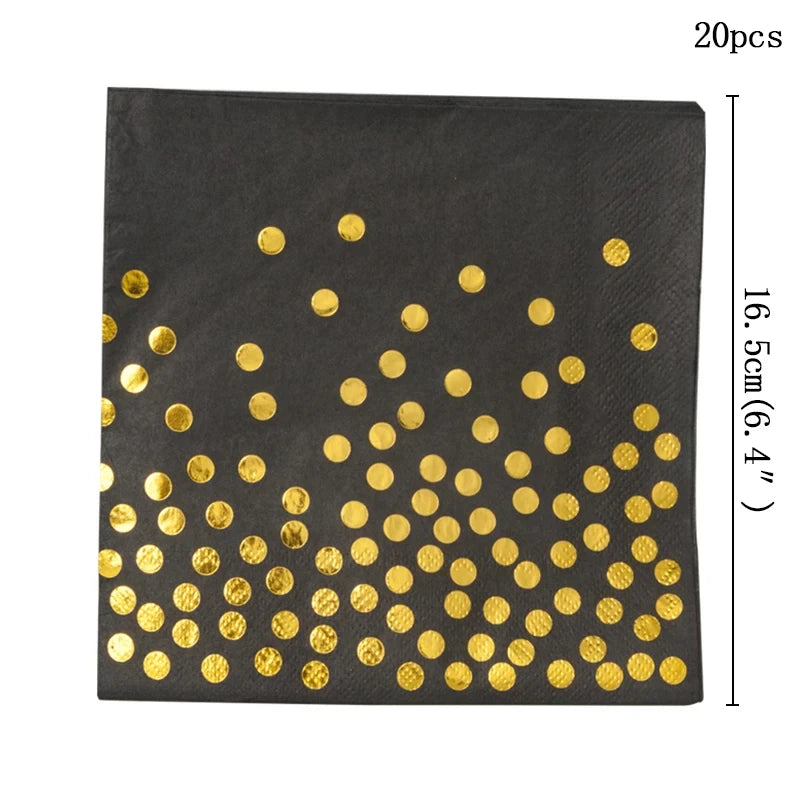 ⚫🟡 Set de Fiesta Desechable – Negro con Puntos Dorados