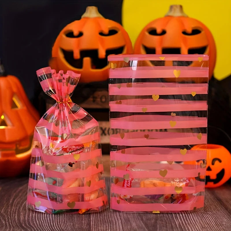 Set de 100 Bolsas Transparentes con Diseño de Rayas Rosadas y Corazones Dorados
