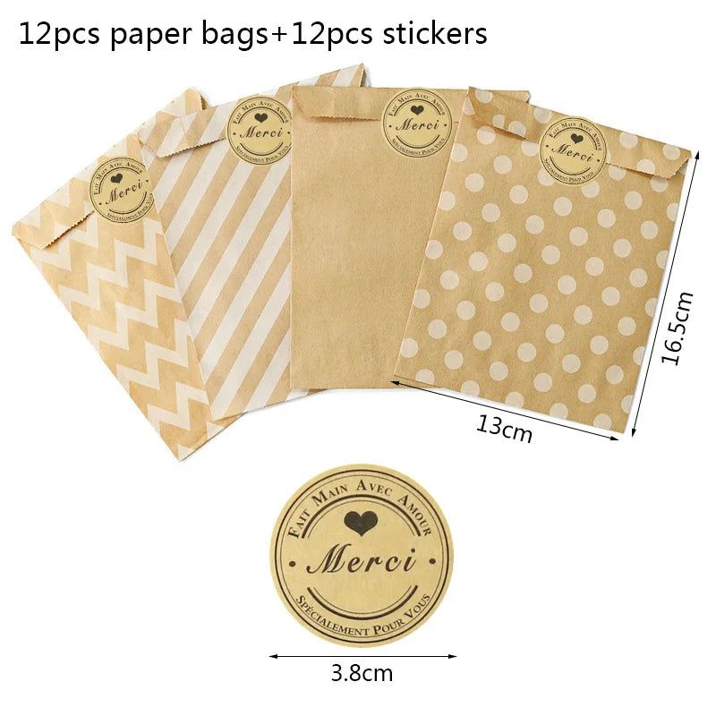 12 Bolsas de Papel Kraft con Stickers "Thank You" / "Merci"