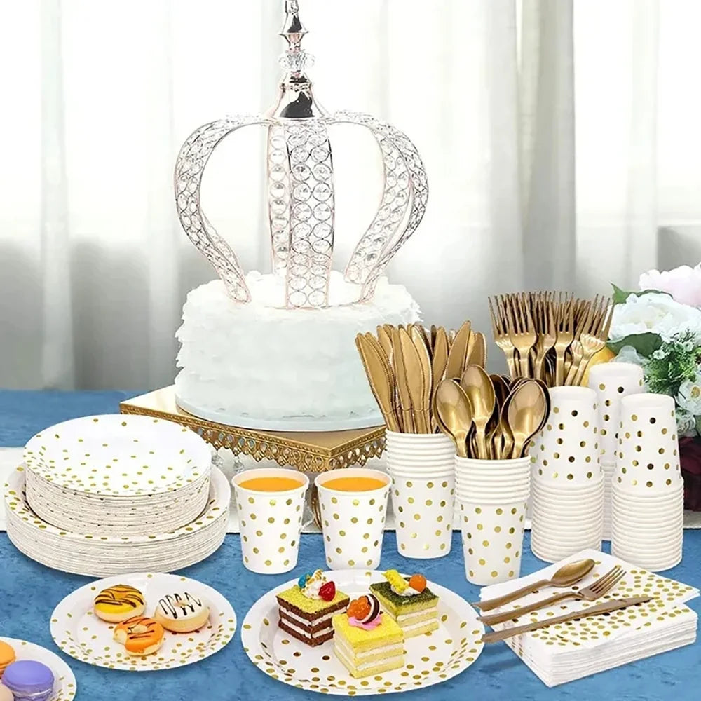 ⚪🟡 Set de Fiesta Desechable – Blanco con Puntos Dorados
