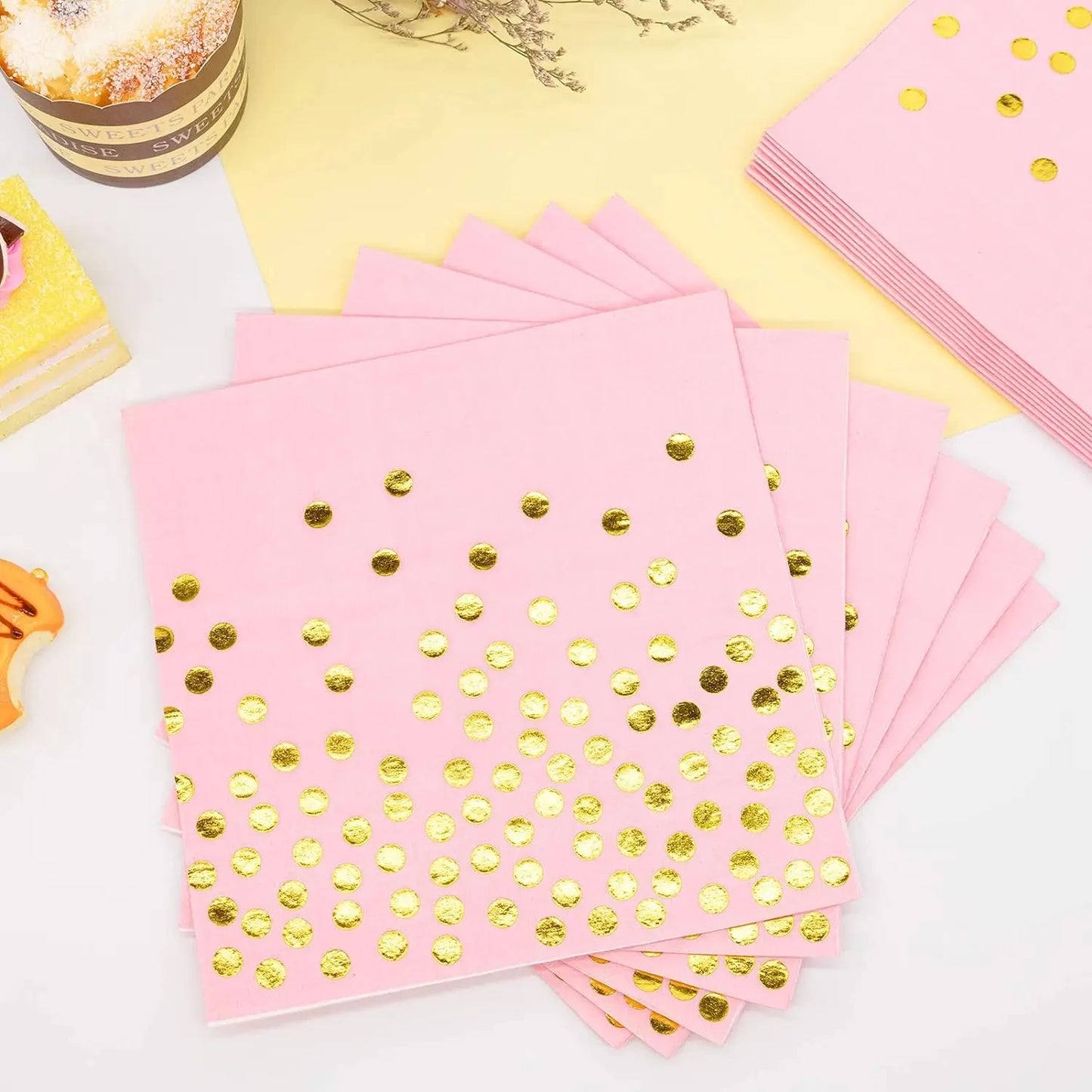🩷💛Set de Fiesta Desechable – Rosa con Puntos Dorados