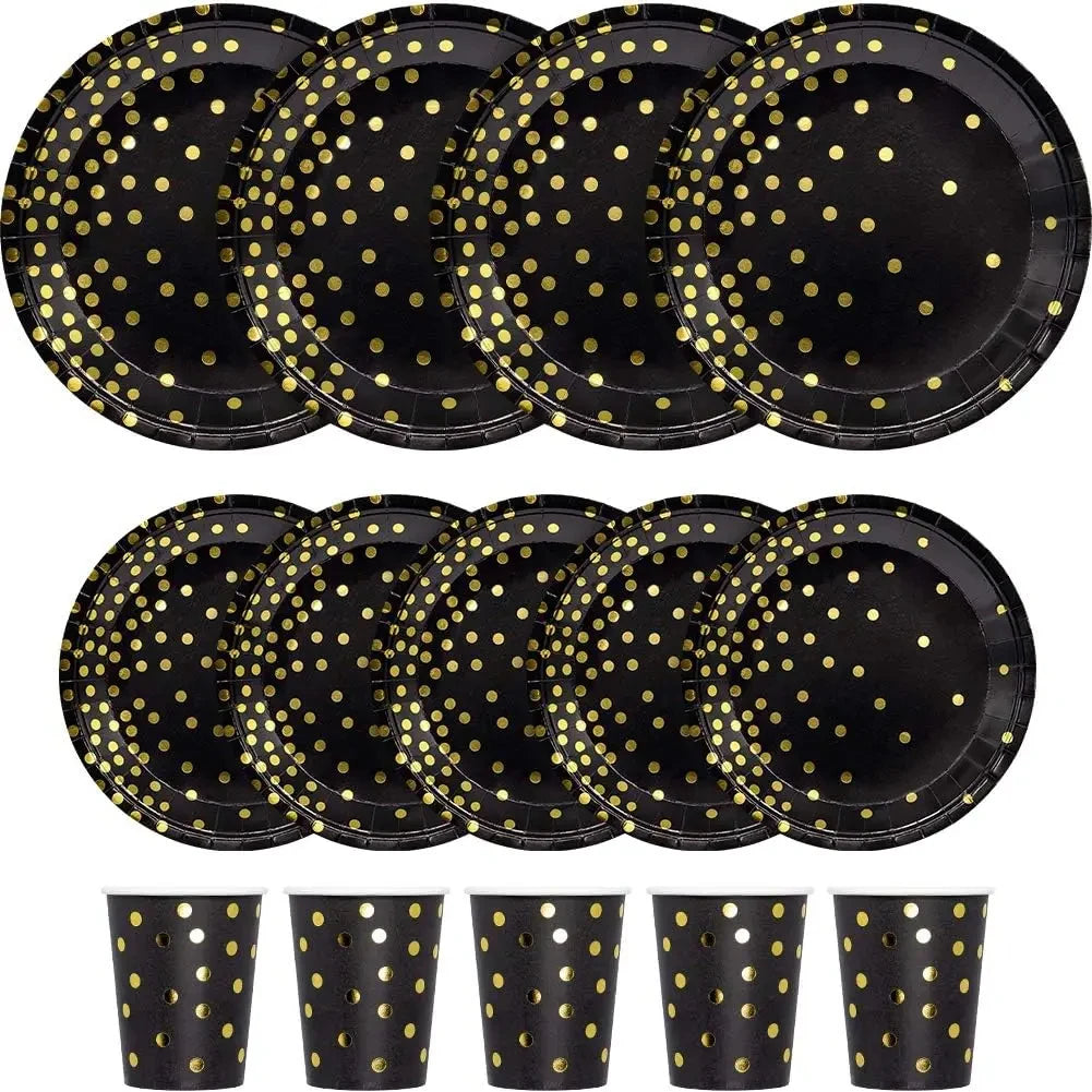 ⚫🟡 Set de Fiesta Desechable – Negro con Puntos Dorados