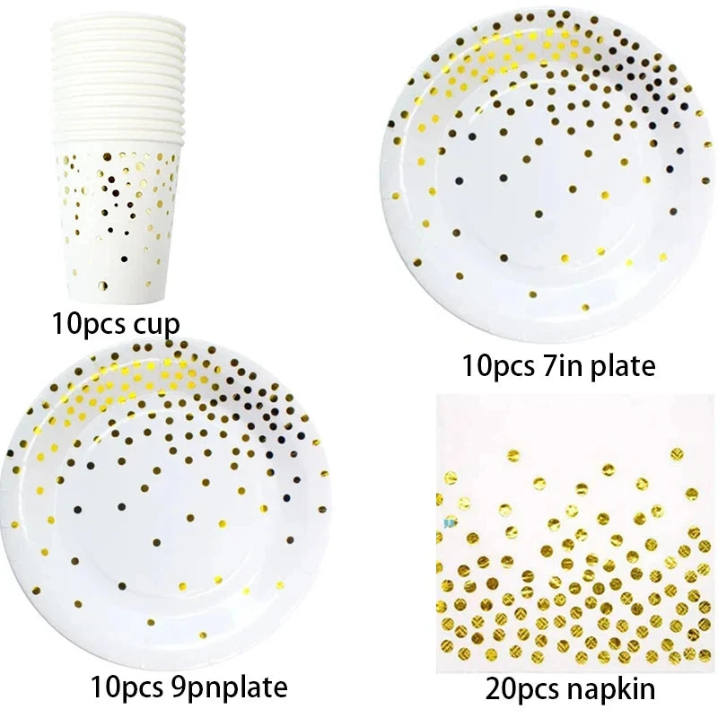 ⚪🟡 Set de Fiesta Desechable – Blanco con Puntos Dorados