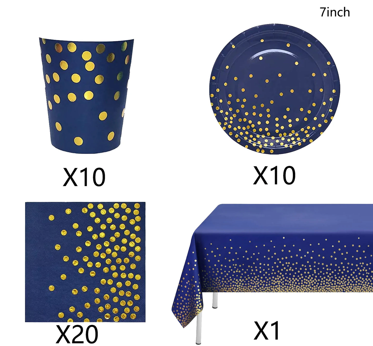 🔵🟡 Set de Fiesta Desechable – Azul con Puntos Dorados