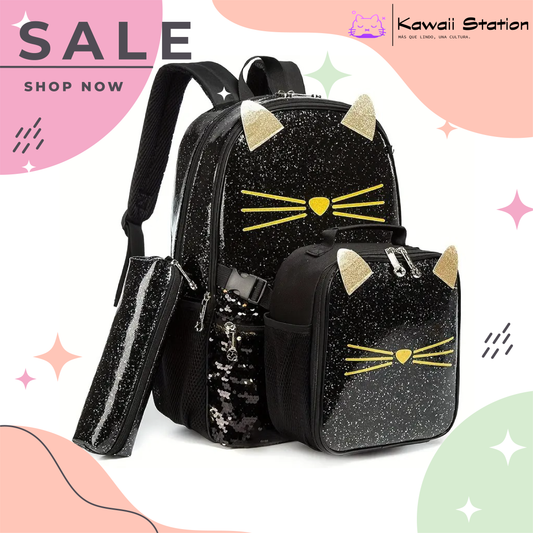 🎒 Mochila Gato Kawaii – Set Escolar 3D 🎒