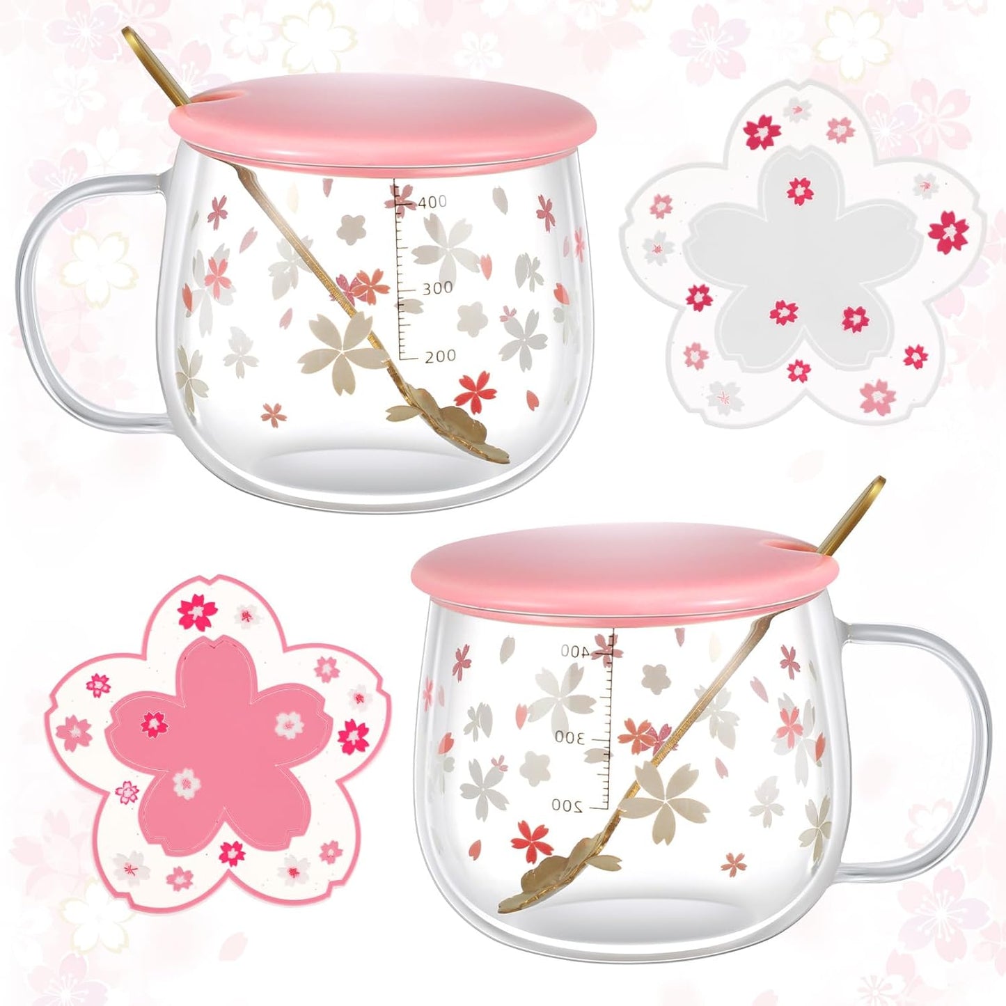 🌸 Set de Tazas Sakura de Vidrio Grueso + Posavasos (x2) ☕✨