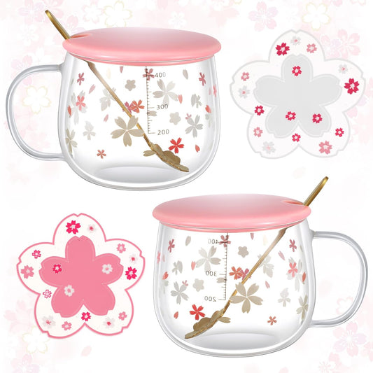 🌸 Set de Tazas Sakura de Vidrio Grueso + Posavasos (x2) ☕✨