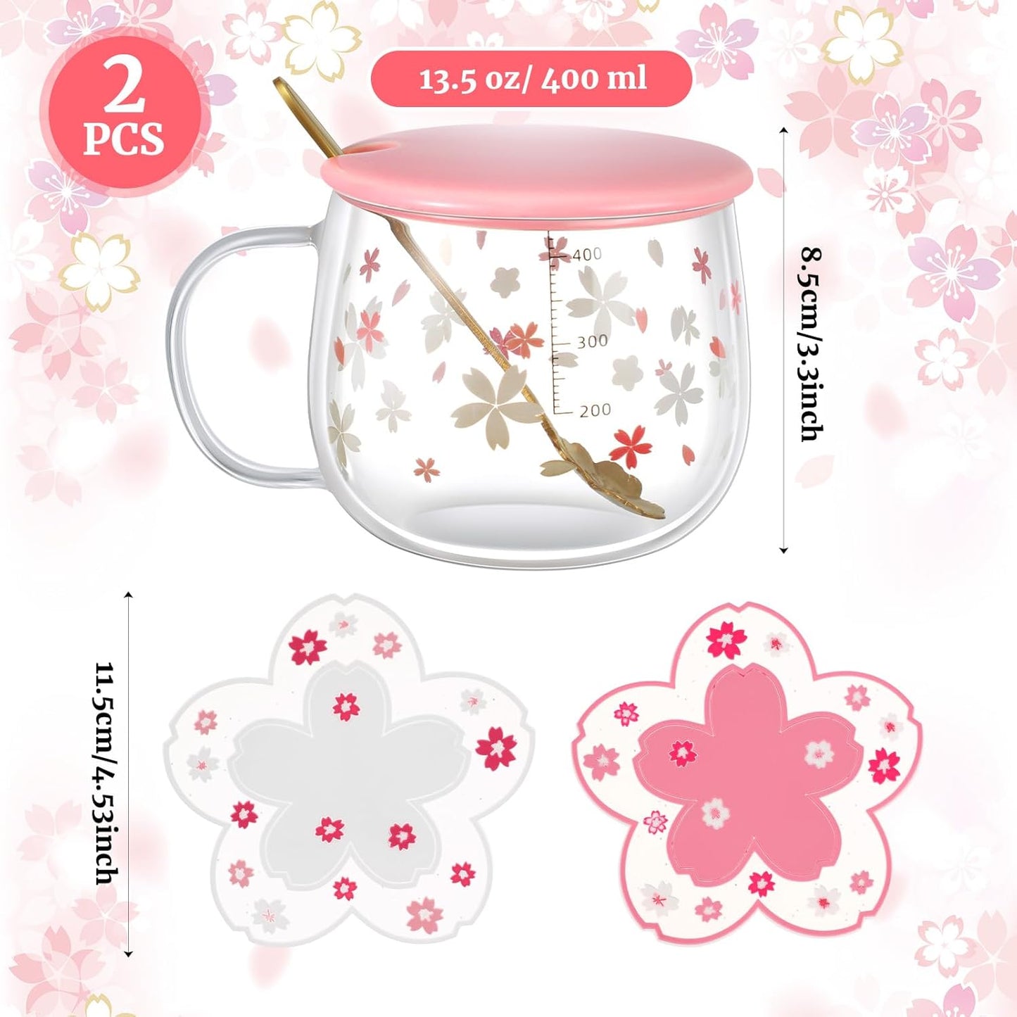 🌸 Set de Tazas Sakura de Vidrio Grueso + Posavasos (x2) ☕✨