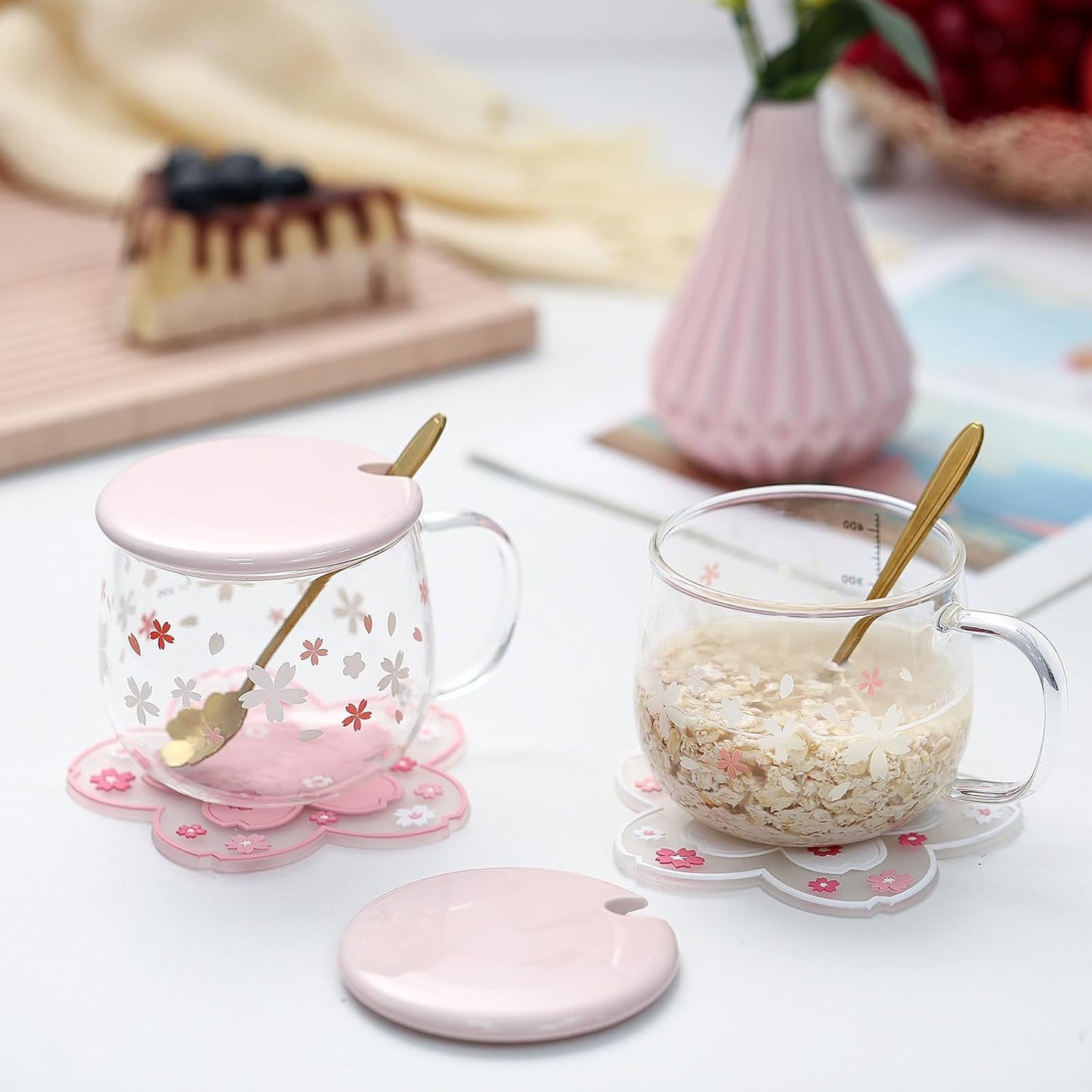 🌸 Set de Tazas Sakura de Vidrio Grueso + Posavasos (x2) ☕✨