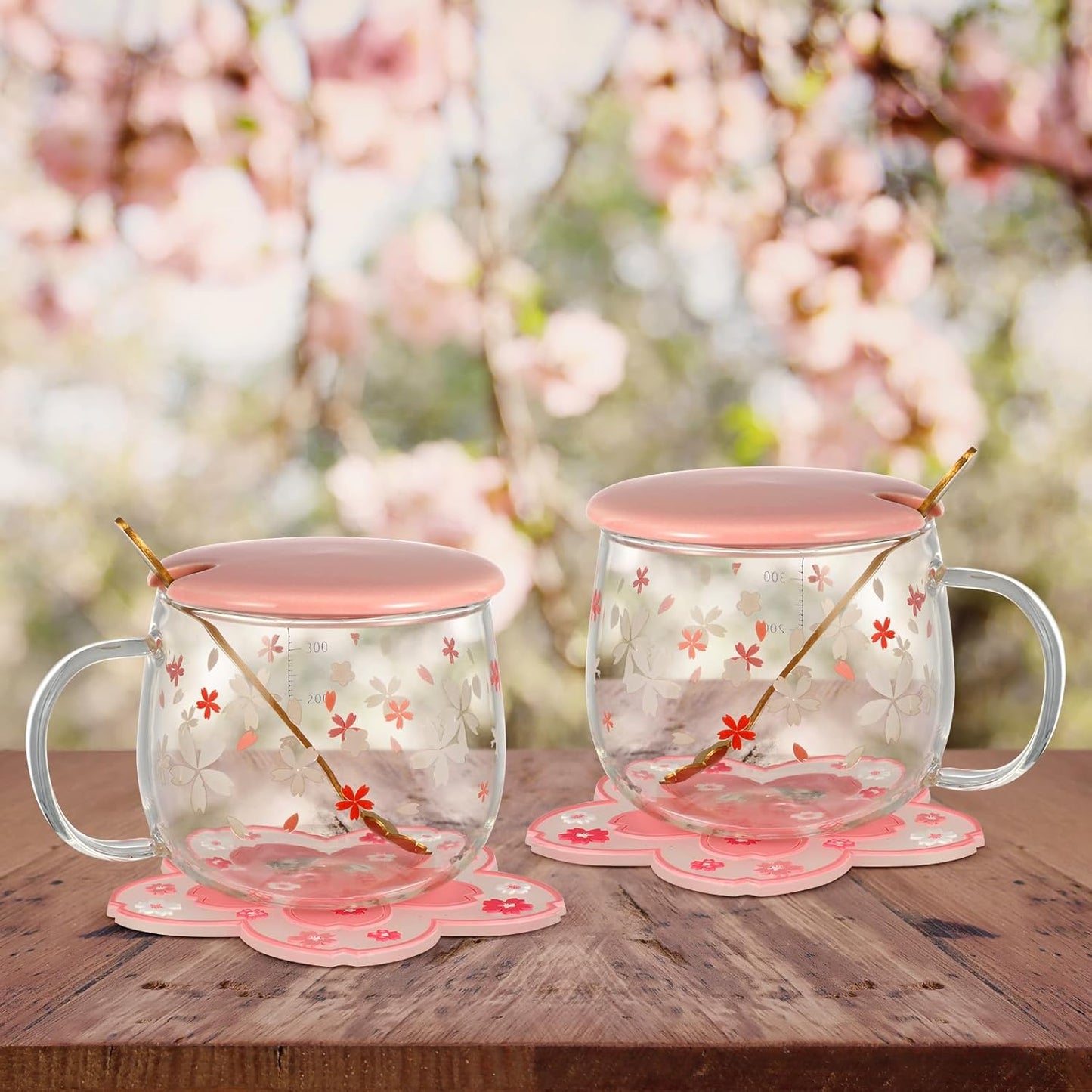 🌸 Set de Tazas Sakura de Vidrio Grueso + Posavasos (x2) ☕✨