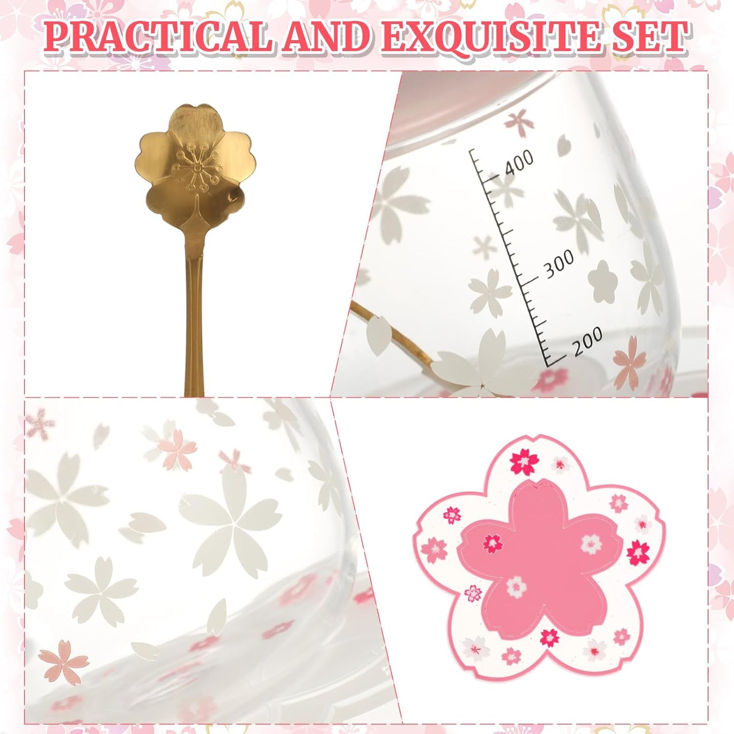 🌸 Set de Tazas Sakura de Vidrio Grueso + Posavasos (x2) ☕✨