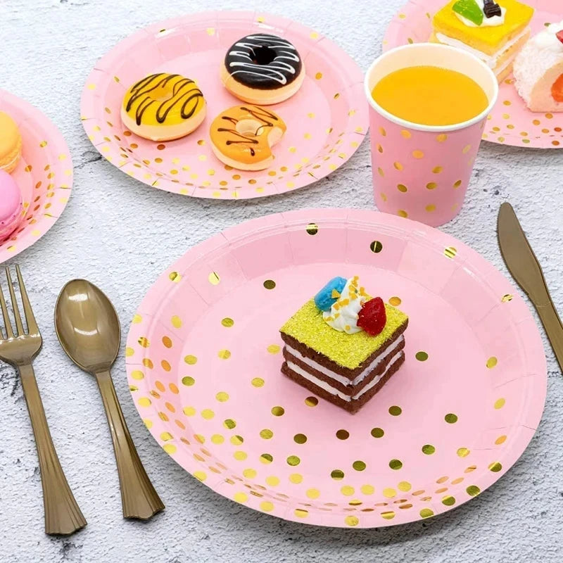 🩷💛Set de Fiesta Desechable – Rosa con Puntos Dorados