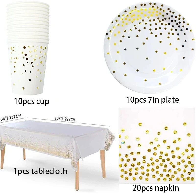 ⚪🟡 Set de Fiesta Desechable – Blanco con Puntos Dorados