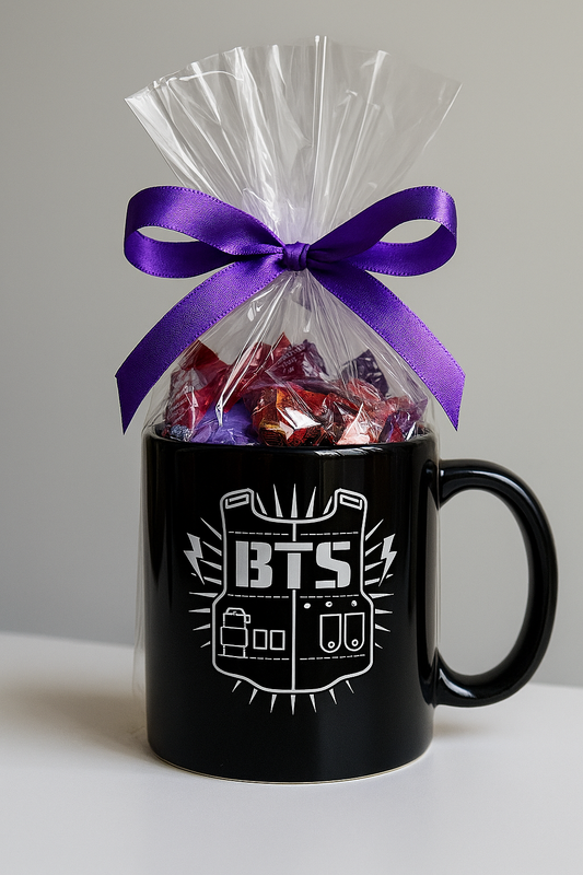 Taza BTS negra con logo bulletproof vest, incluye caramelos surtidos en celofán con lazo púrpura, disponible en SakuPop RD.